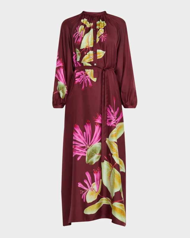 Floral-Print Organic Silk Maxi Shirtdress